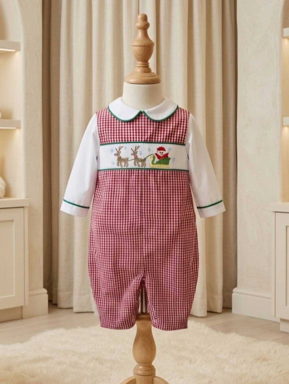 Petit Ami Smocked Santa Sleigh Gingham Jon Jon NWT Size  18M
